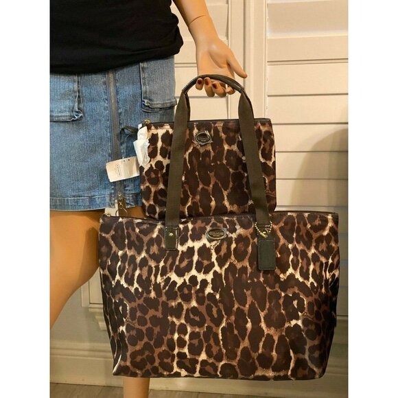 Coach Brown/Multi Exotic Leopard Print Large Travel Weekender Tote +Cosmetic Bag - Picture 1 of 12